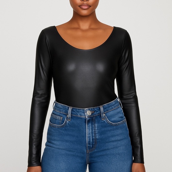 Good American | Size 5 | Faux Leather Long Sleeve Bodysuit (Black) - Picture 1 of 6